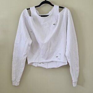 SMFK Cropped Trashed Top Womens US 2 Cream White LS Oversized Distressed Paint